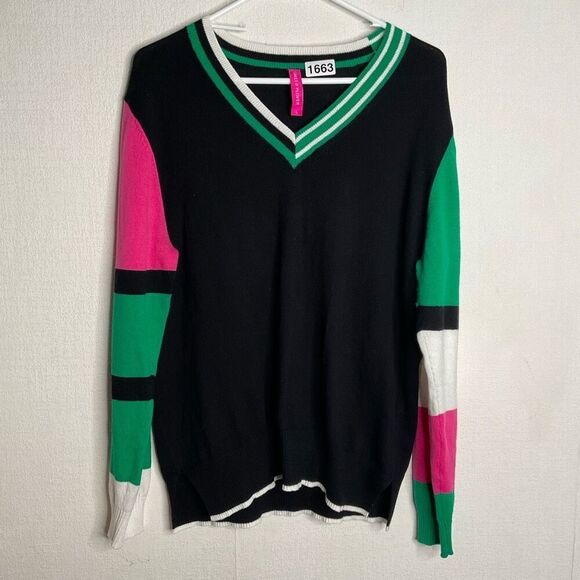 Zaket & Plover Cashmere Sweater Womens Large Black Multi Print V Neck Long Sleev - Picture 8 of 10